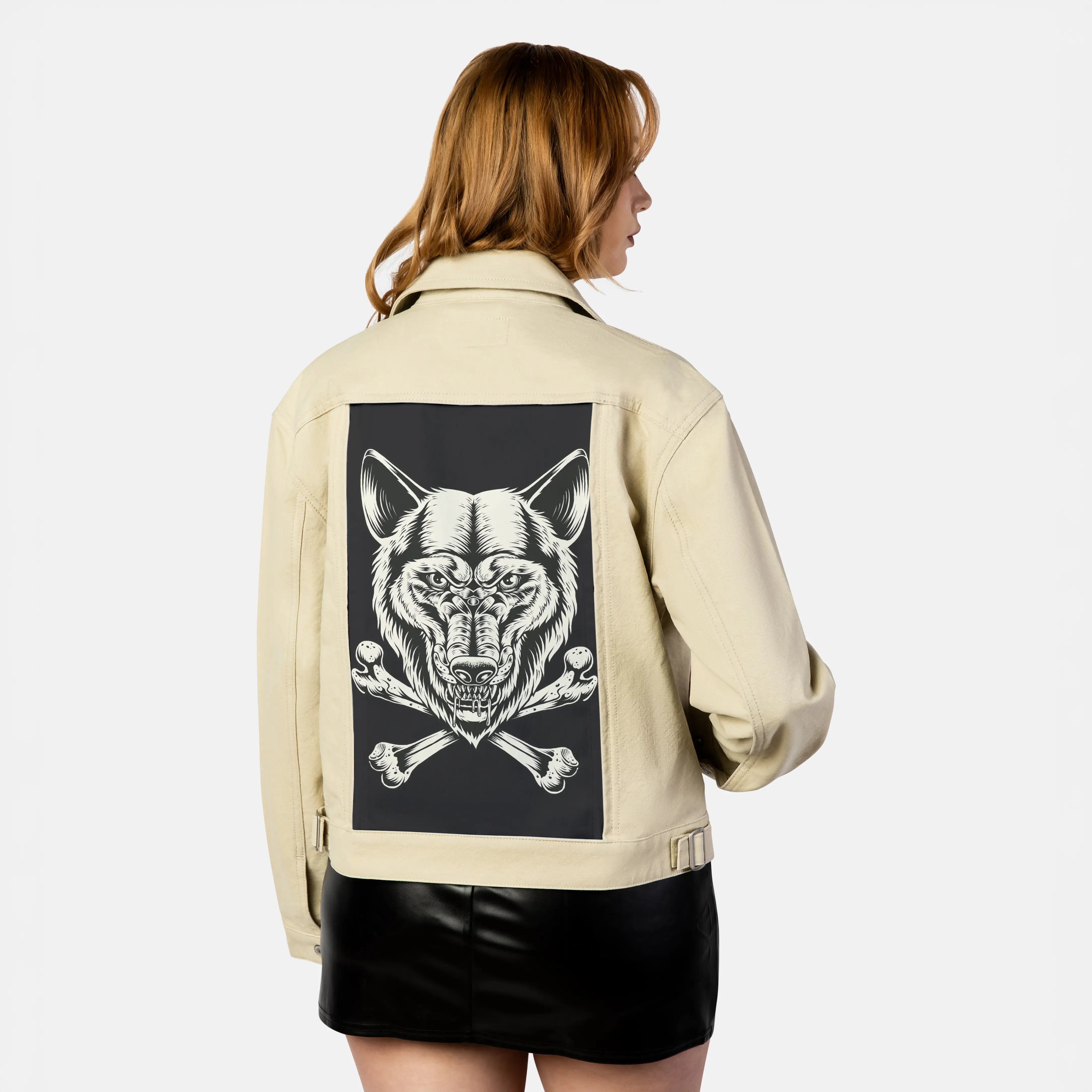 wolfbones patch on female atelier canvas jacket in tan