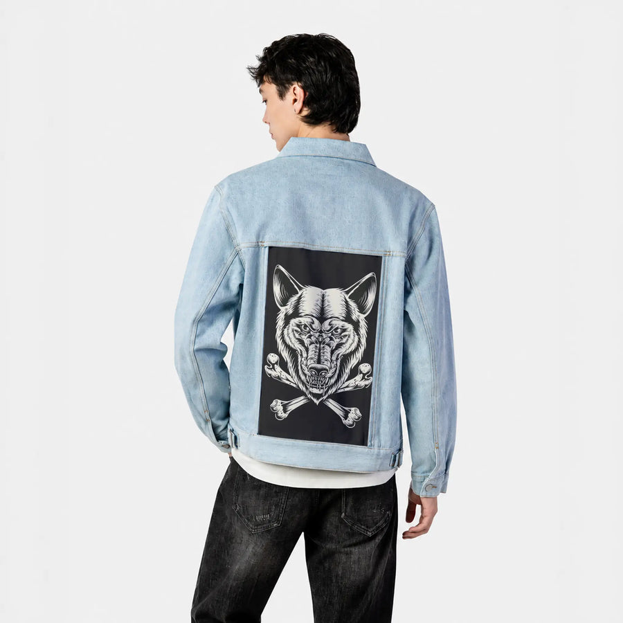 wolfbones patch on male og denim jacket in oceanside