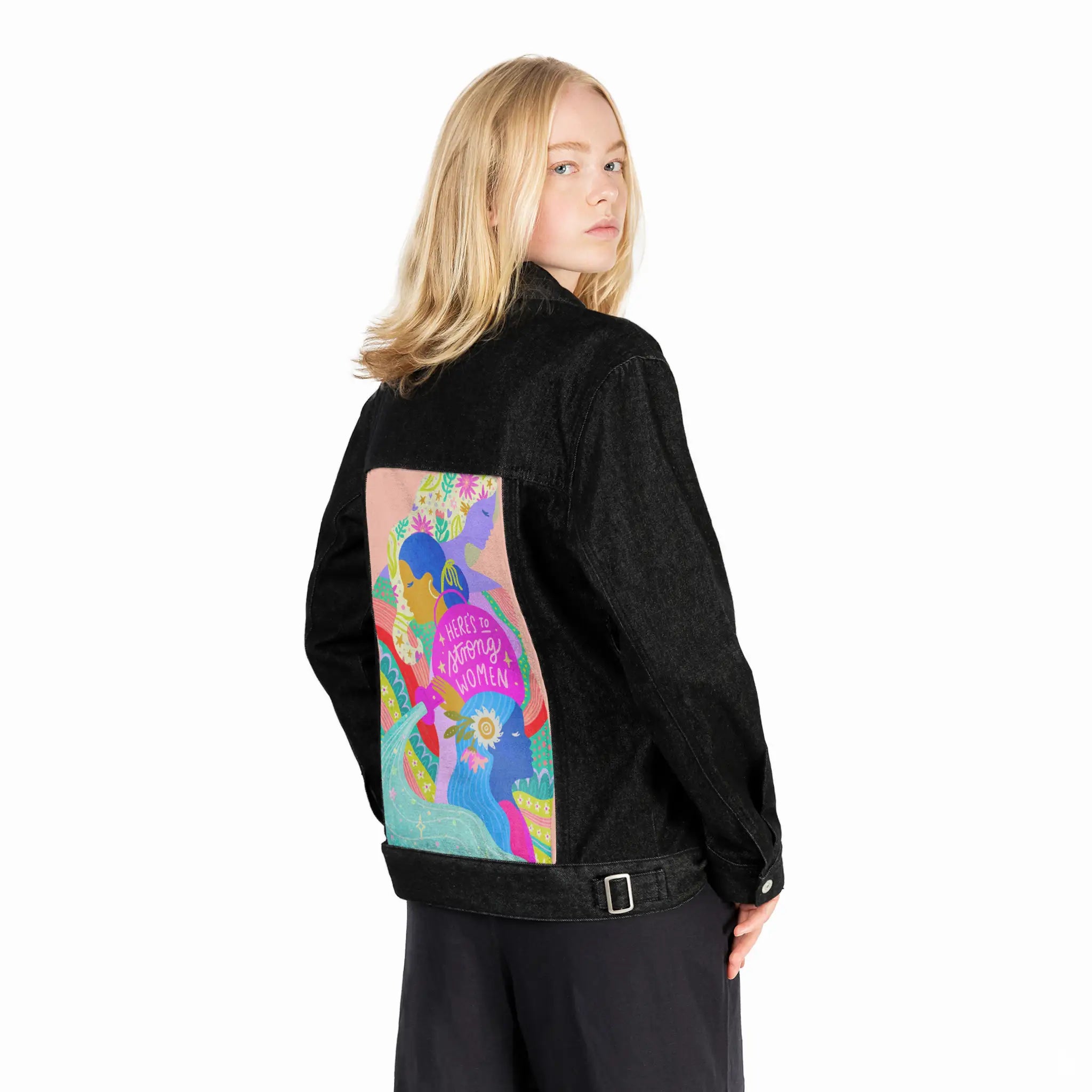 womensupporting patch on female og denim jacket in raven