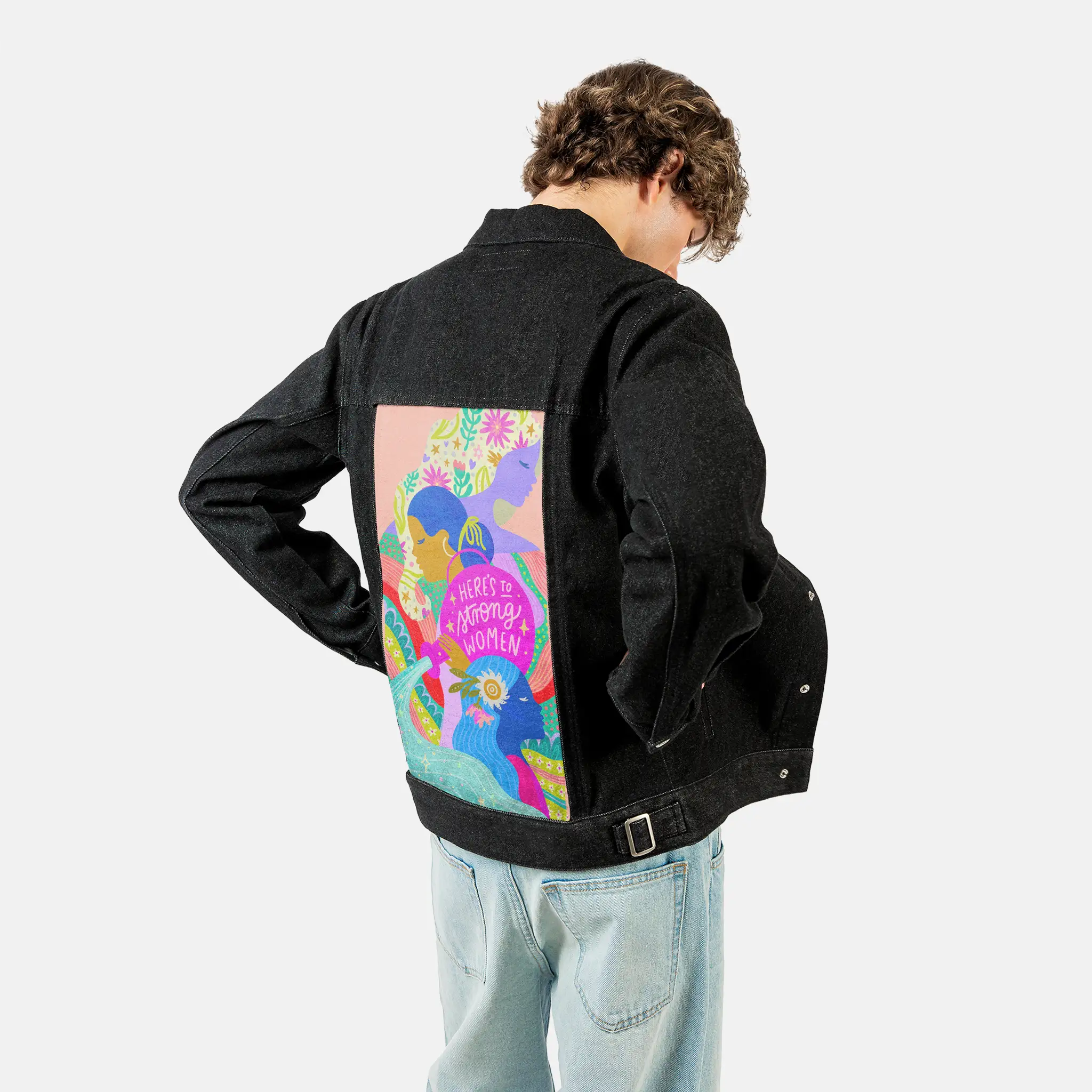 womensupporting patch on male og denim jacket in raven