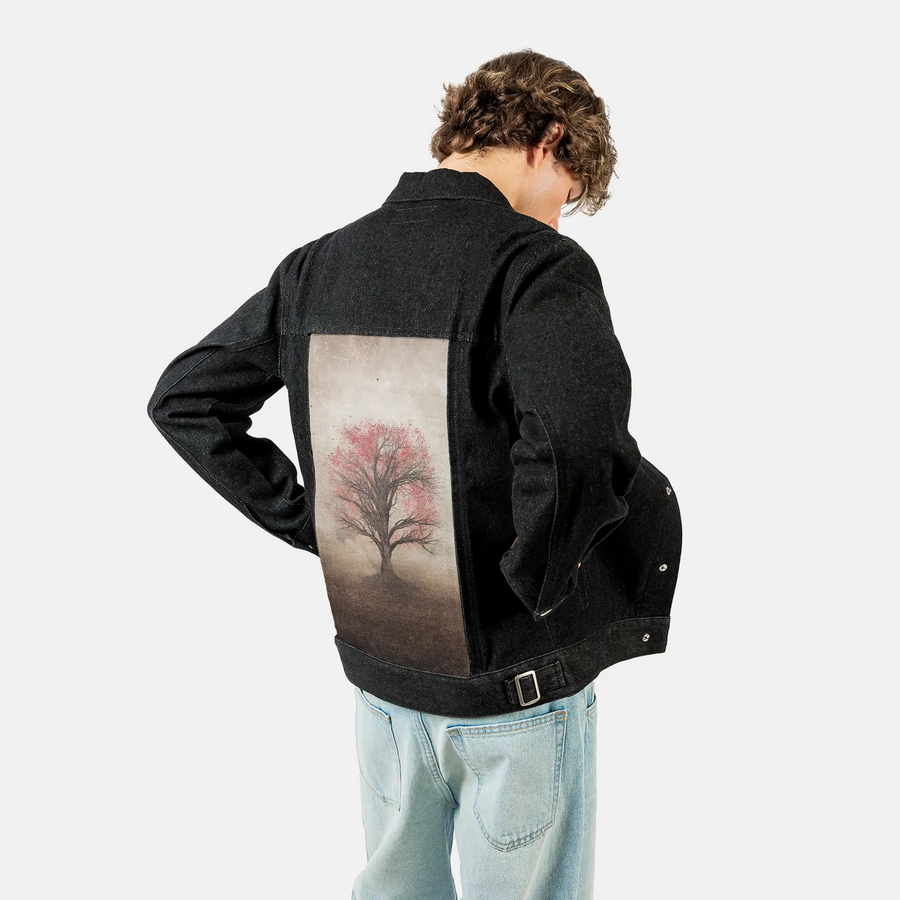 wondertree patch on male og denim jacket in raven