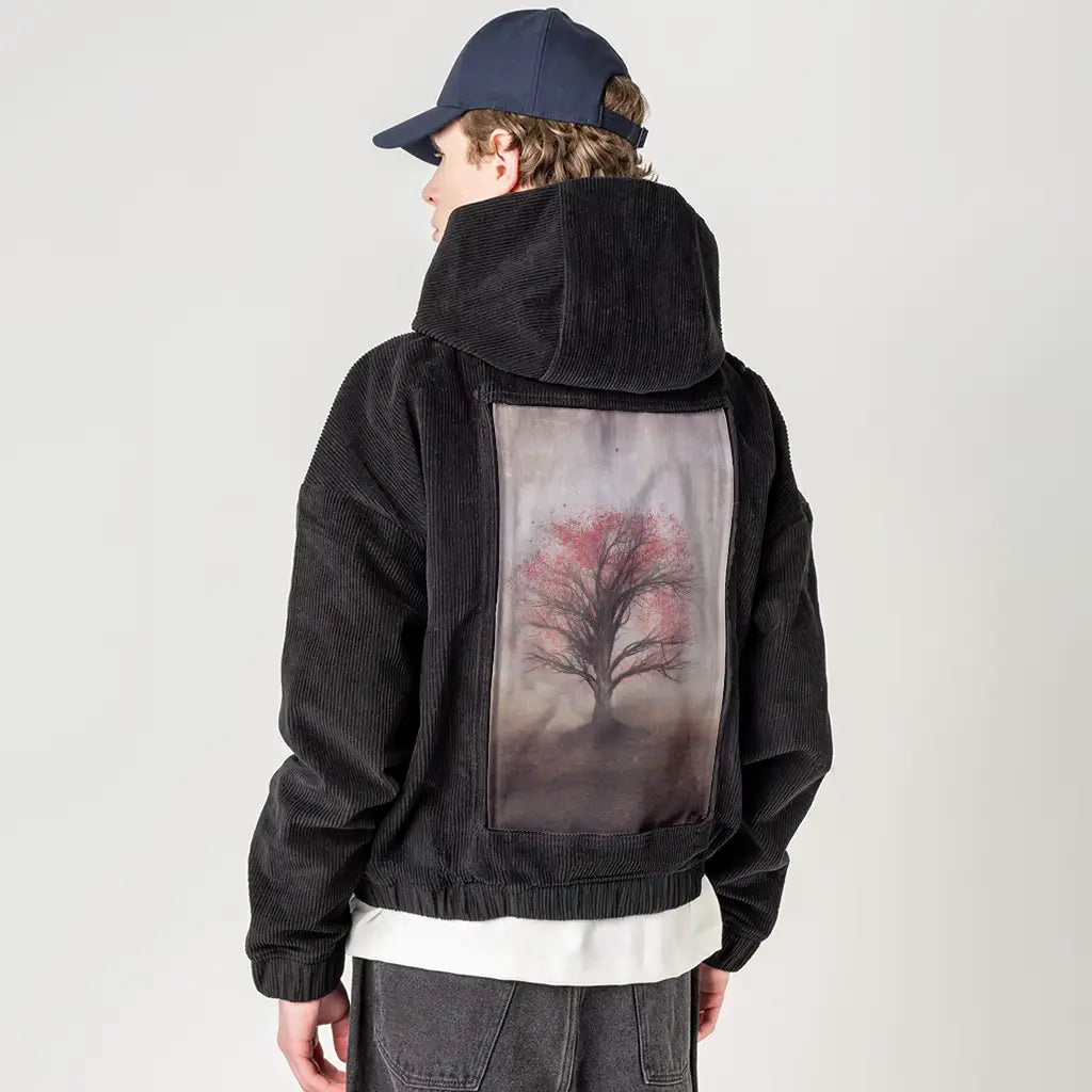 wondertree patch on male retro cord hoodie in onyx