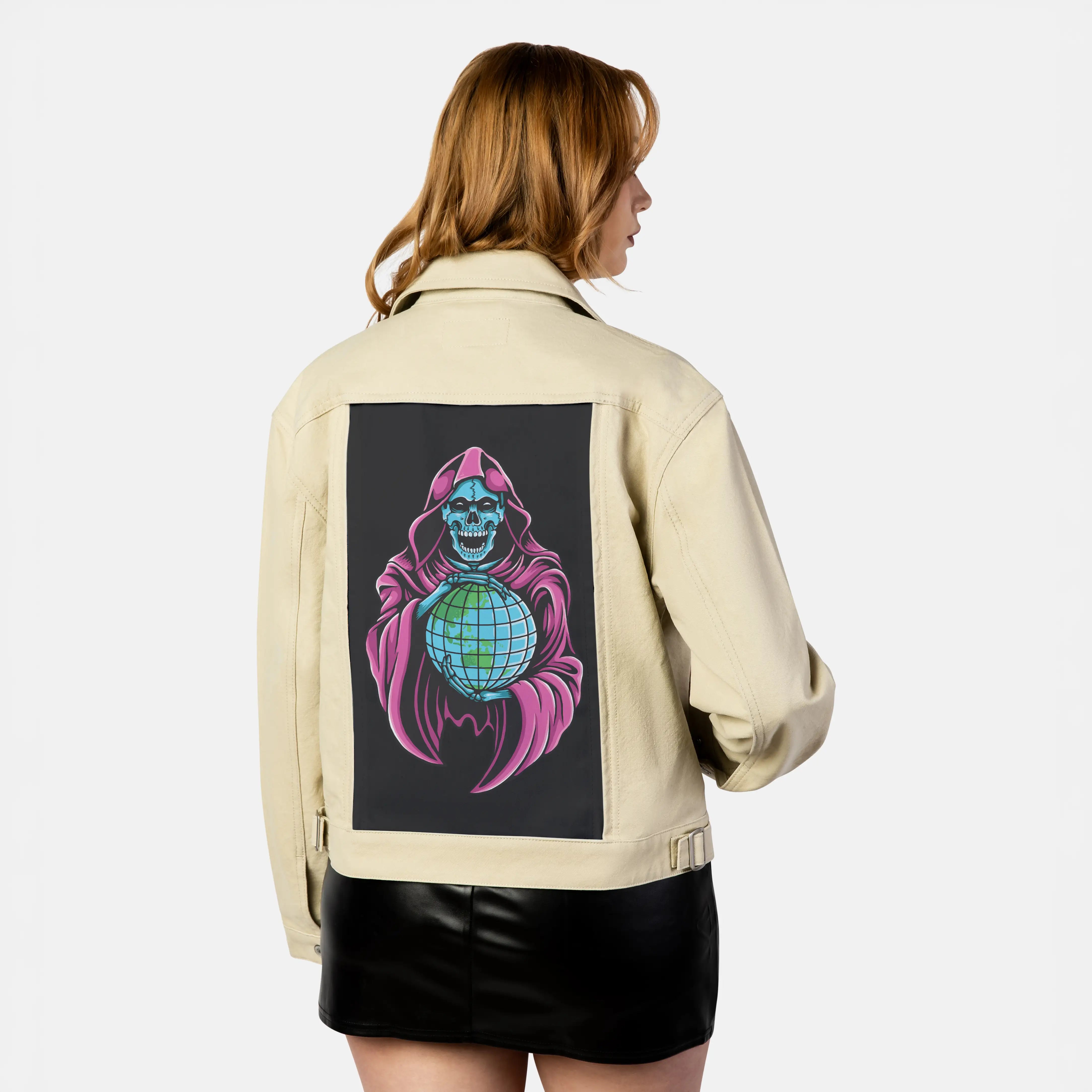 worlddomination patch on female atelier canvas jacket in tan