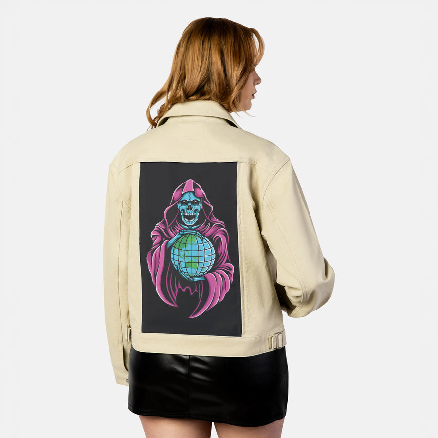 worlddomination patch on female atelier canvas jacket in tan
