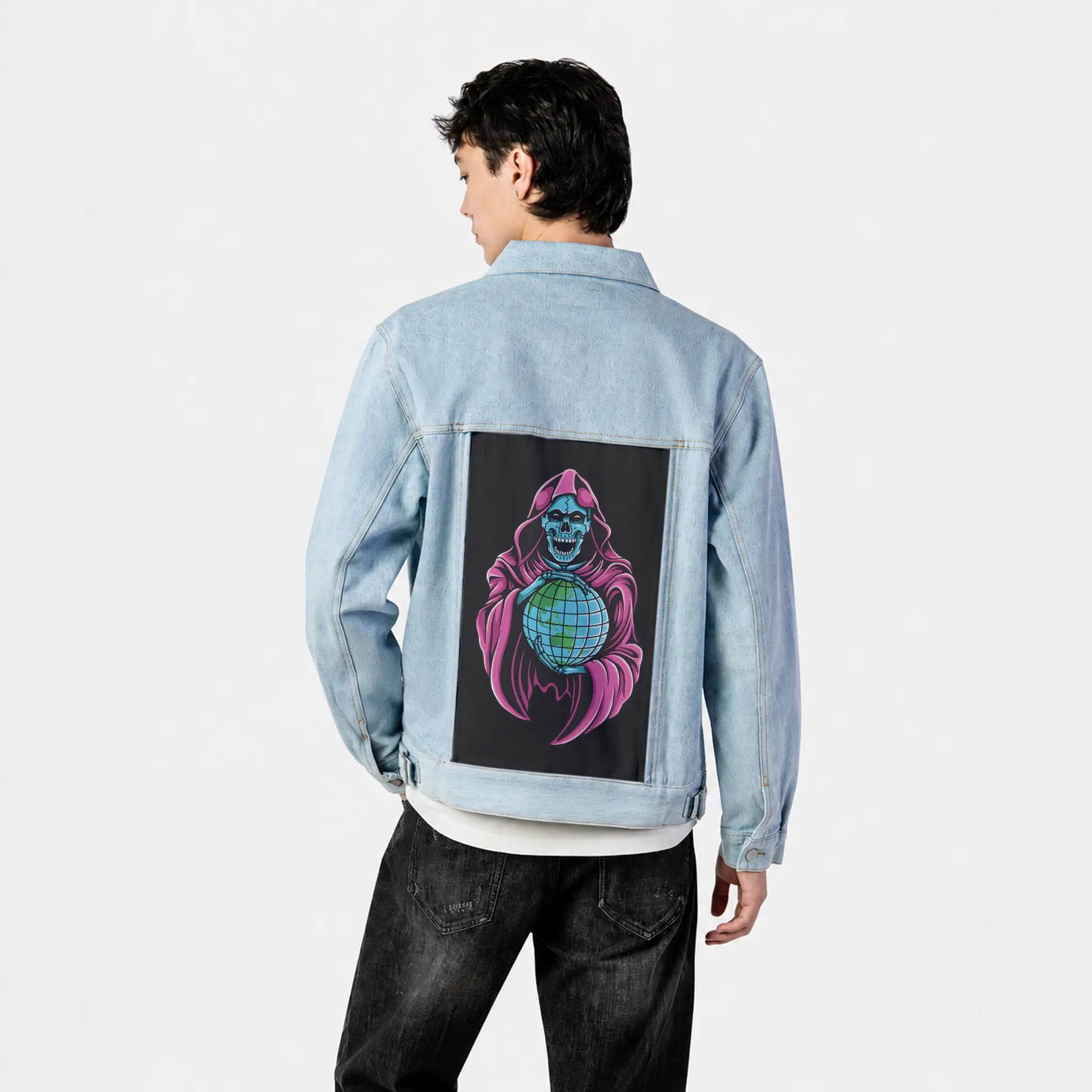 worlddomination patch on male og denim jacket in oceanside
