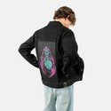 worlddomination patch on male og denim jacket in raven