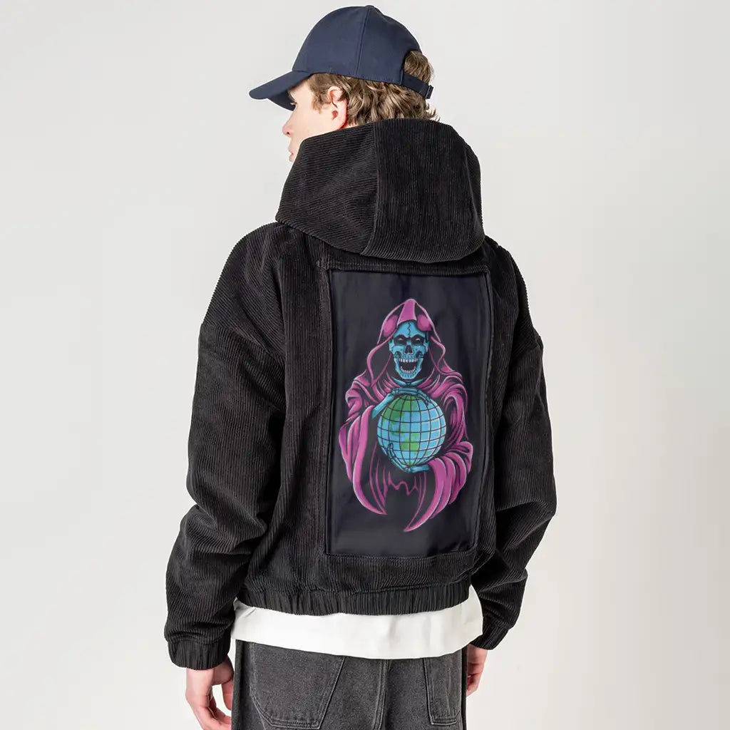 worlddomination patch on male retro cord hoodie in onyx
