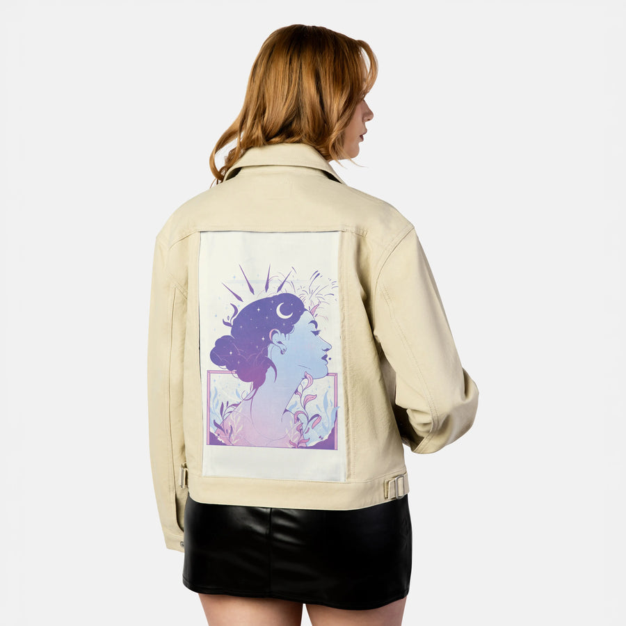x patch on female atelier canvas jacket in tan