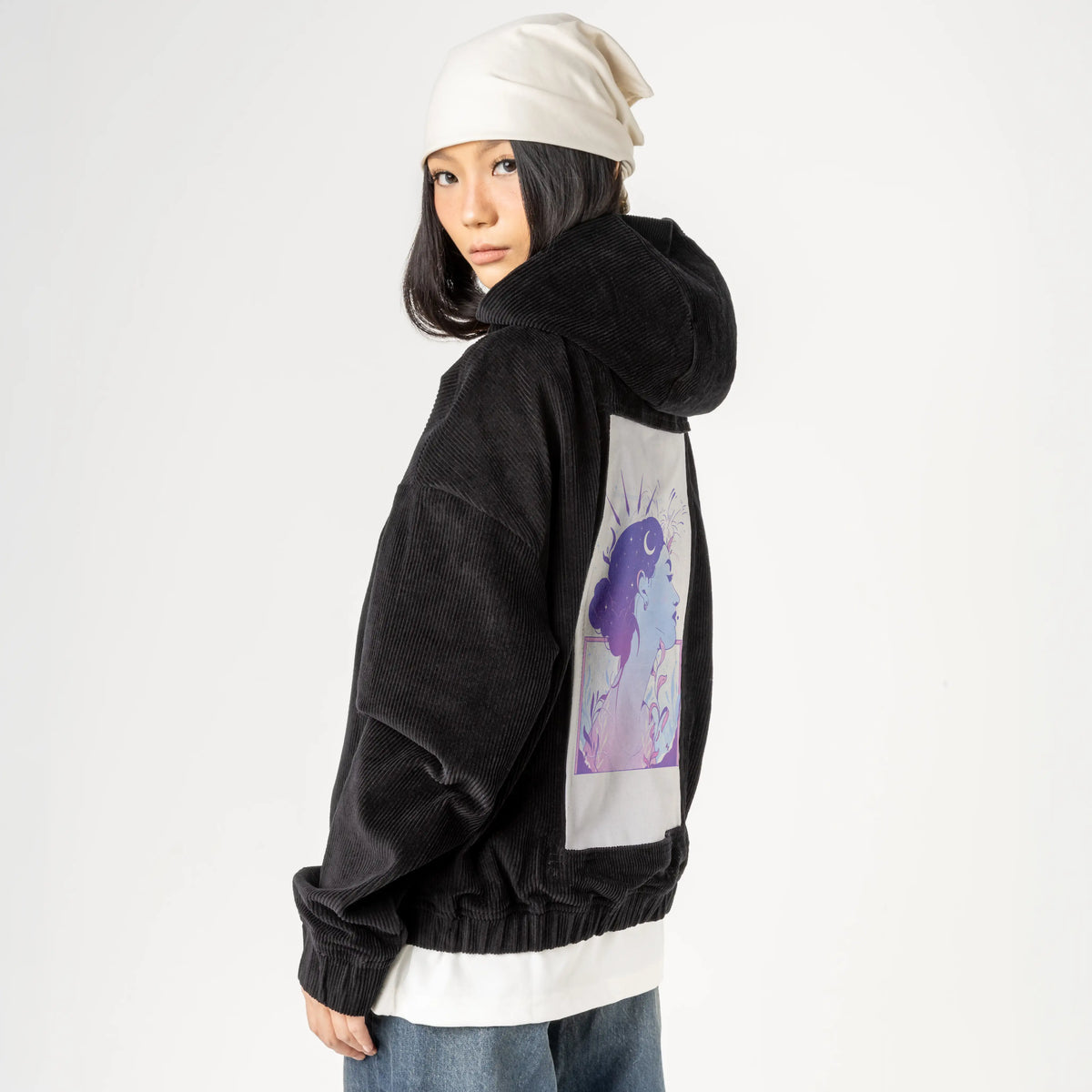 x patch on female retro cord hoodie in onyx