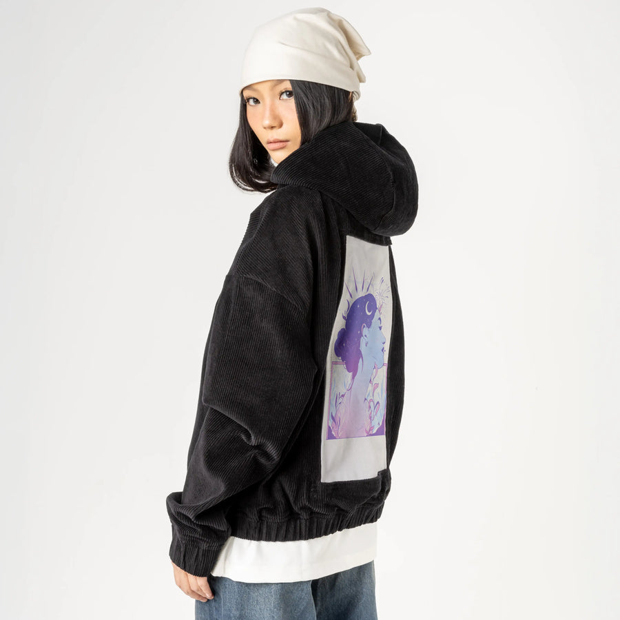 x patch on female retro cord hoodie in onyx
