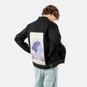x patch on male og denim jacket in raven