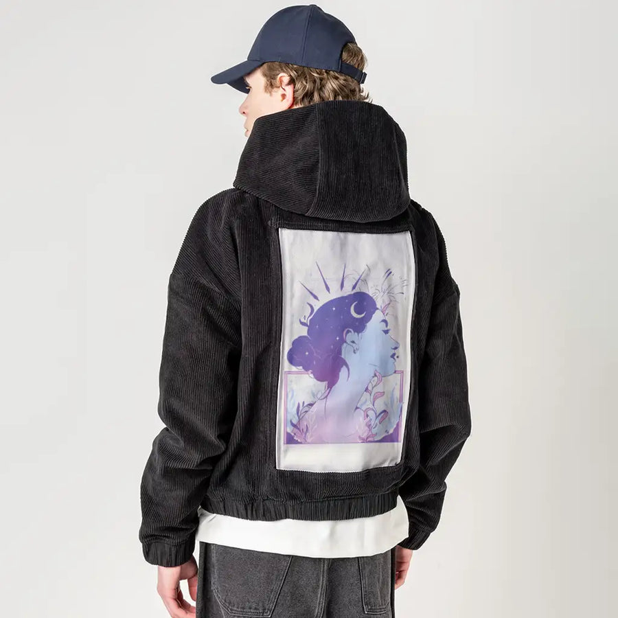 x patch on male retro cord hoodie in onyx