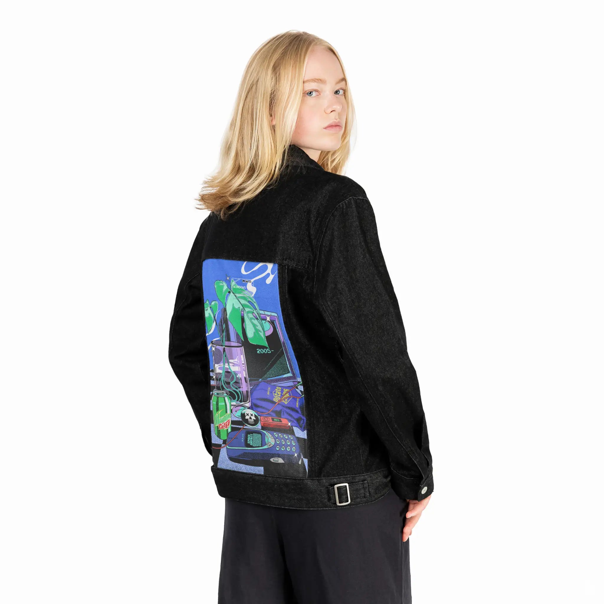 y2k2005 patch on female og denim jacket in raven