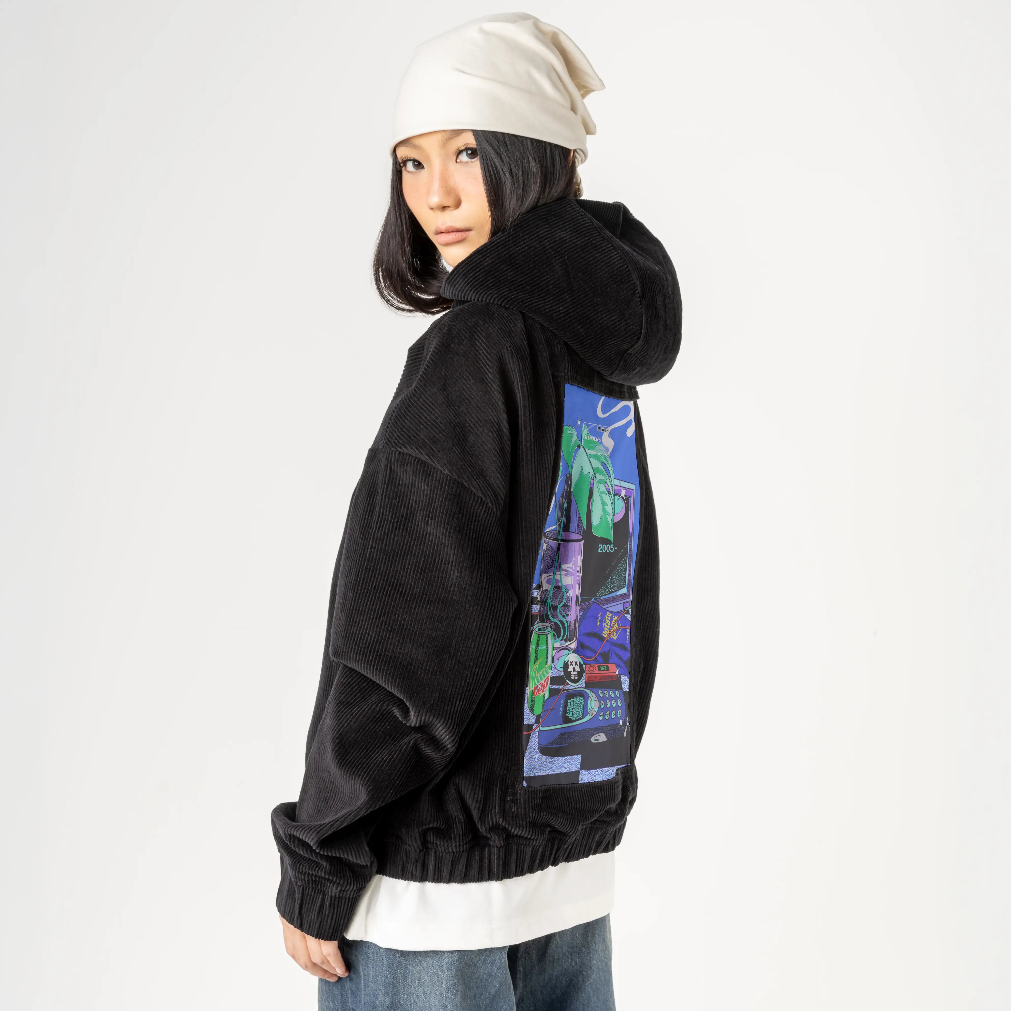 y2k2005 patch on female retro cord hoodie in onyx