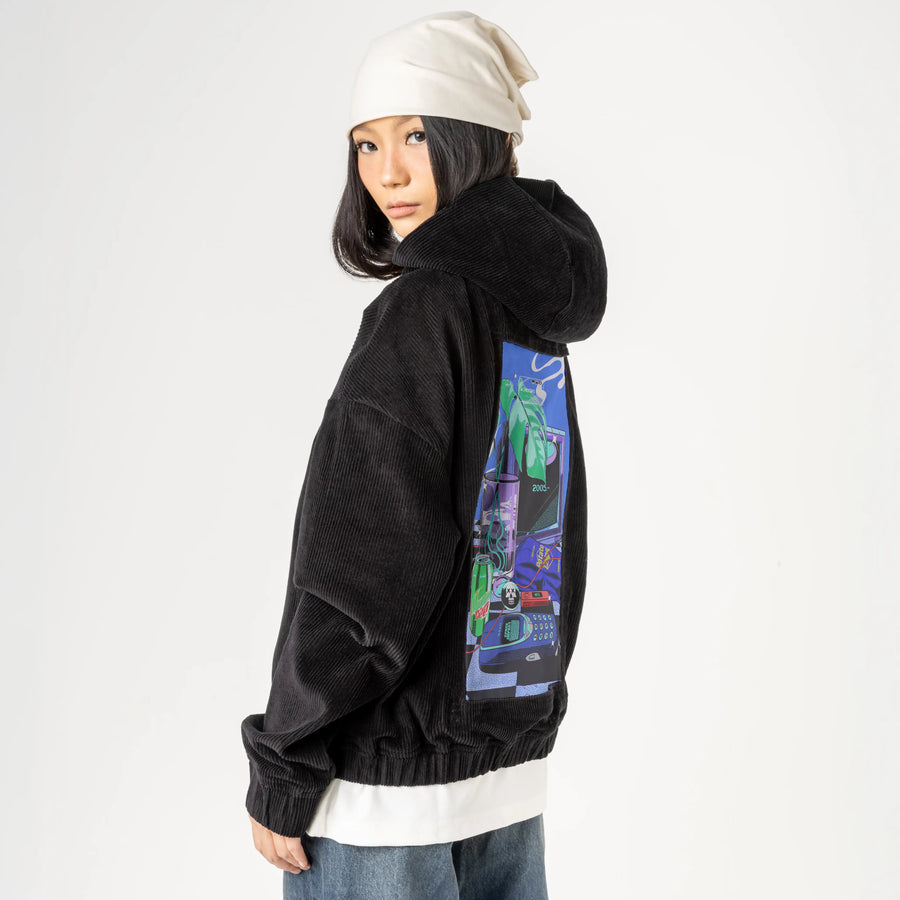 y2k2005 patch on female retro cord hoodie in onyx