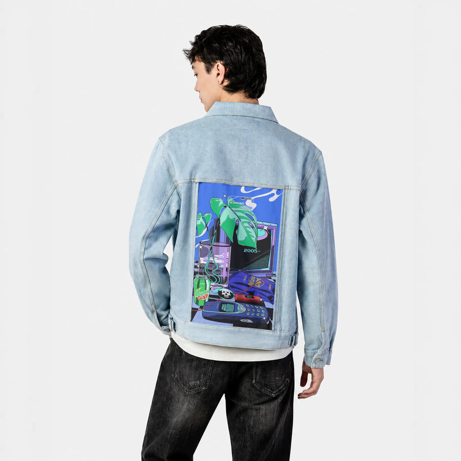 y2k2005 patch on male og denim jacket in oceanside