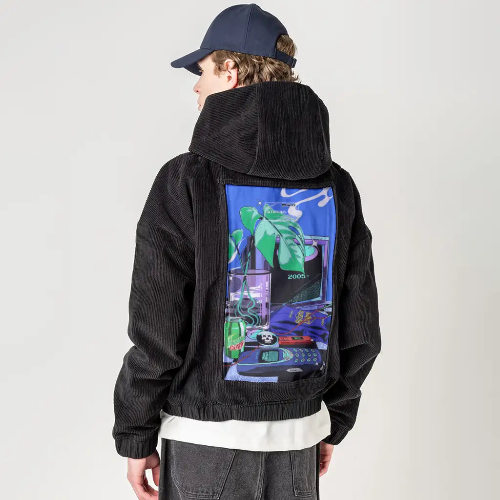 y2k2005 patch on male retro cord hoodie in onyx