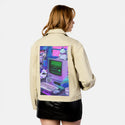y2kdeadtech patch on female atelier canvas jacket in tan