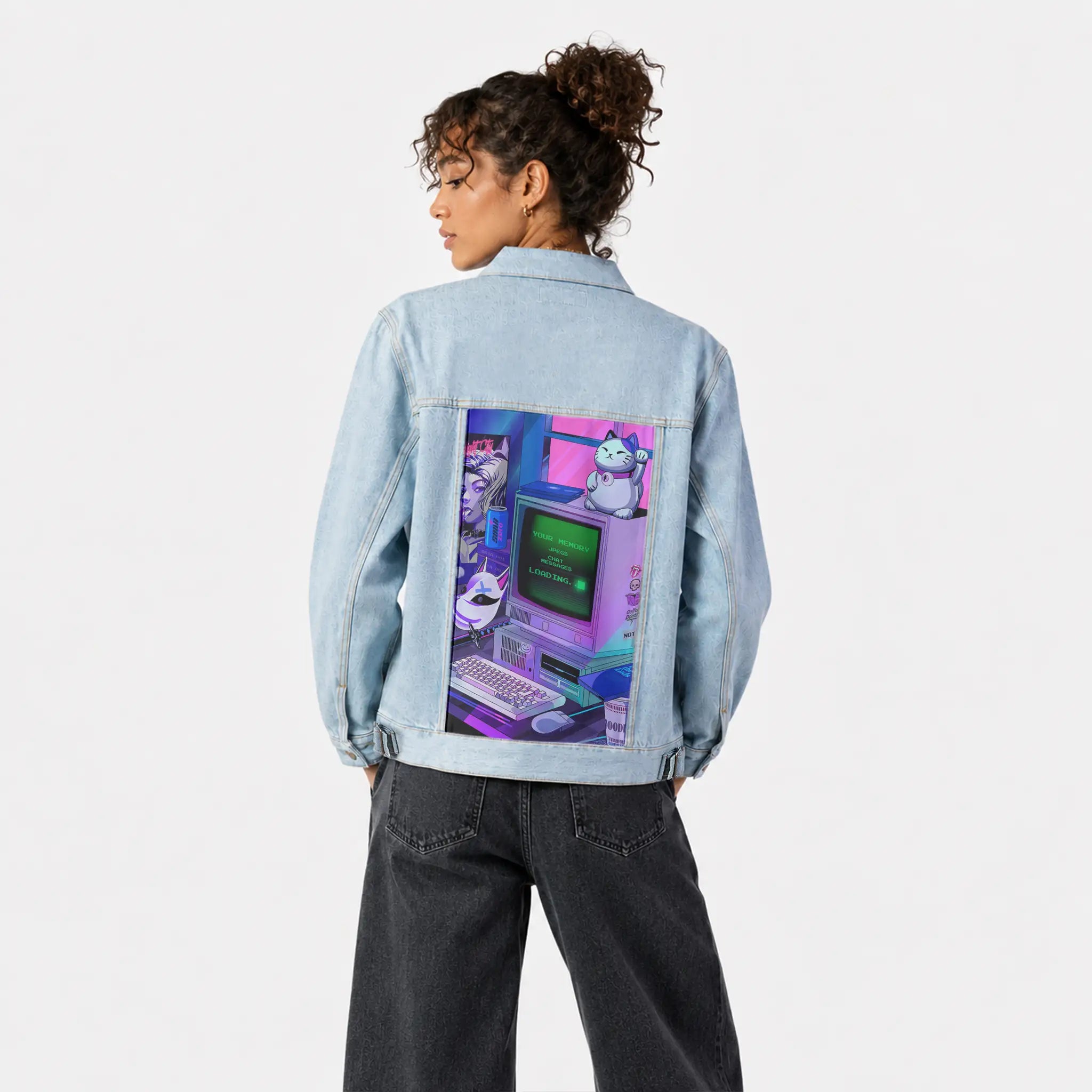 y2kdeadtech patch on female og denim jacket in oceanside