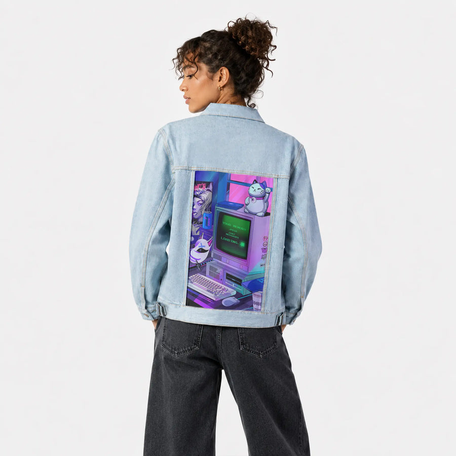 y2kdeadtech patch on female og denim jacket in oceanside