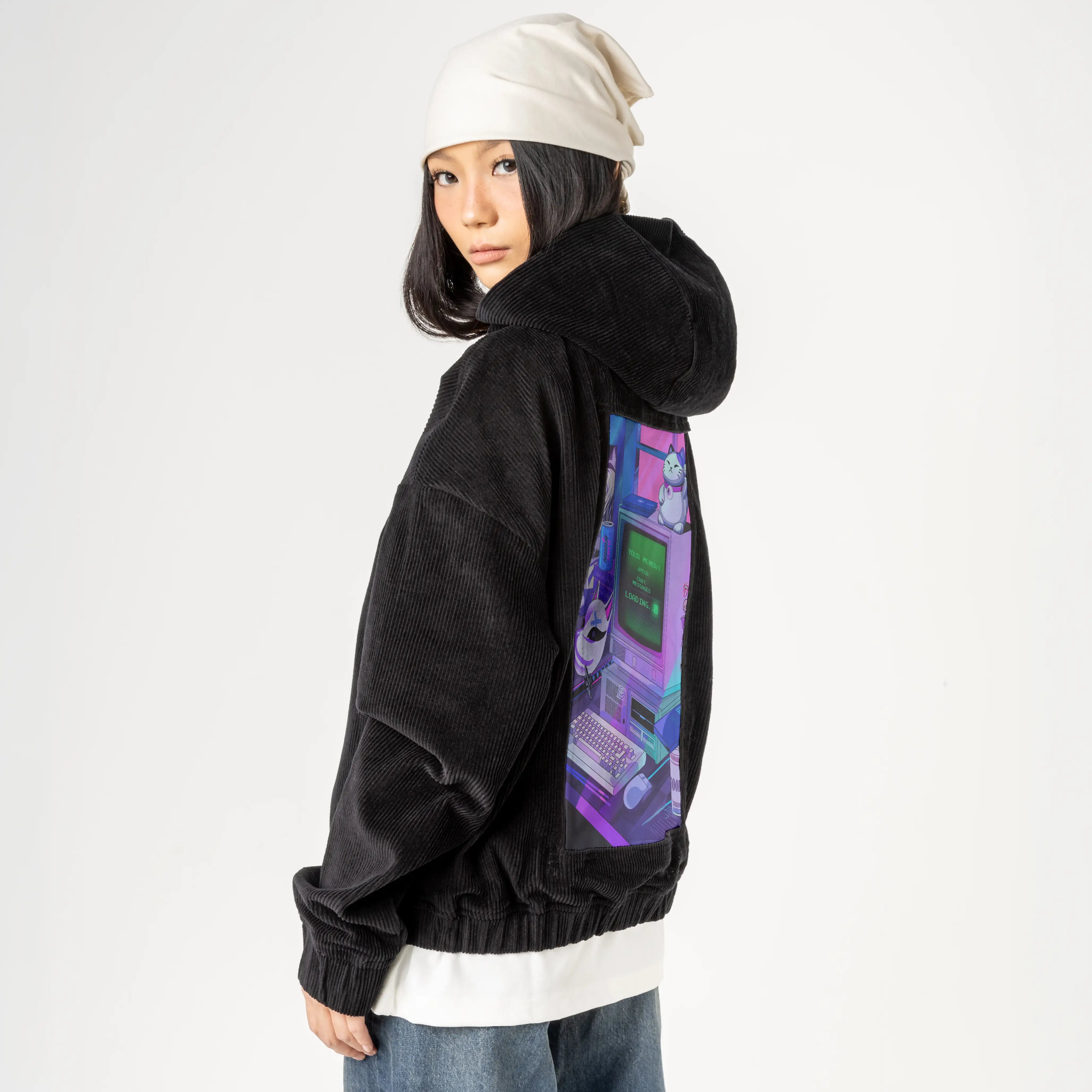 y2kdeadtech patch on female retro cord hoodie in onyx