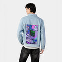 y2kdeadtech patch on male og denim jacket in oceanside