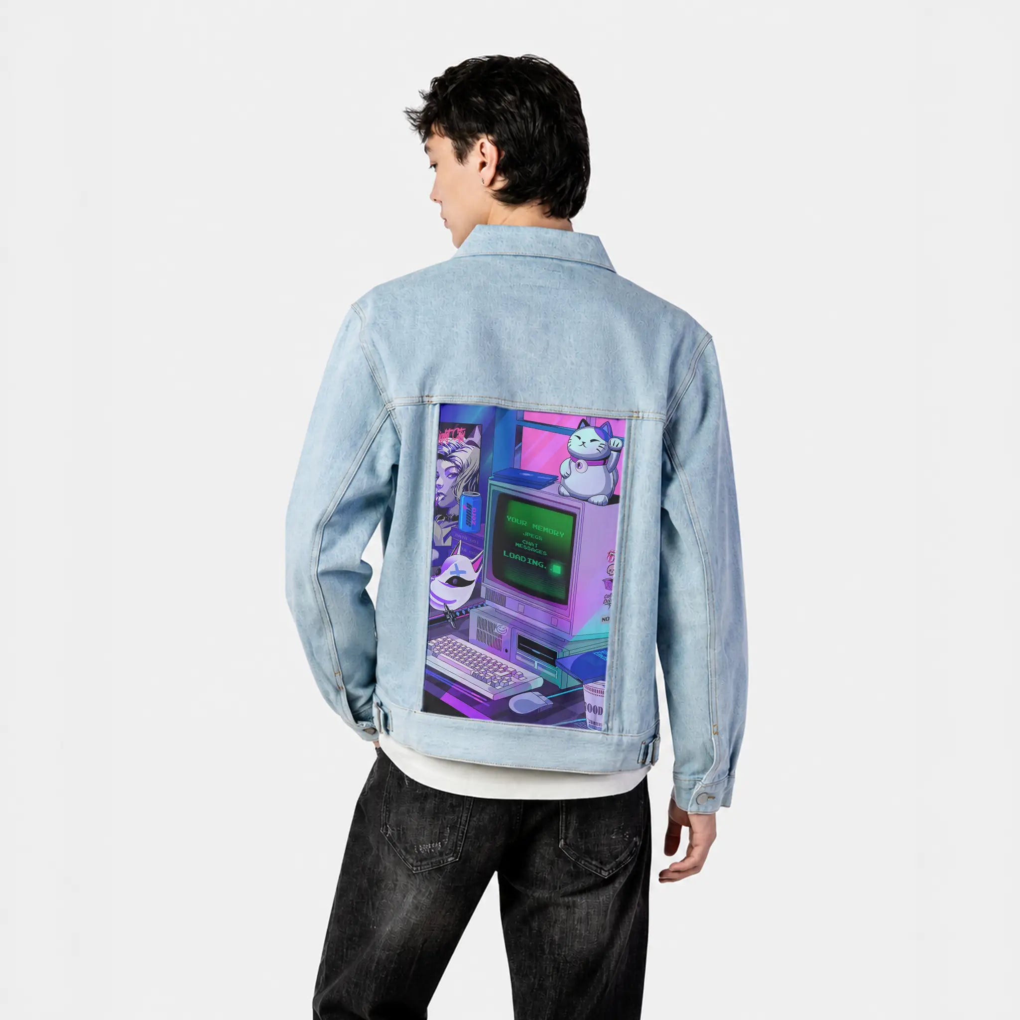 y2kdeadtech patch on male og denim jacket in oceanside