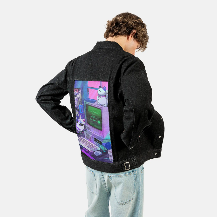 y2kdeadtech patch on male og denim jacket in raven