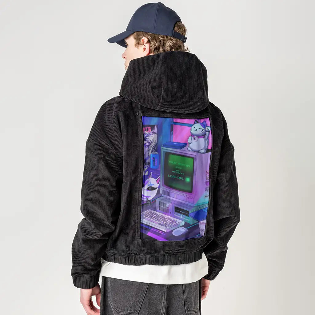 y2kdeadtech patch on male retro cord hoodie in onyx
