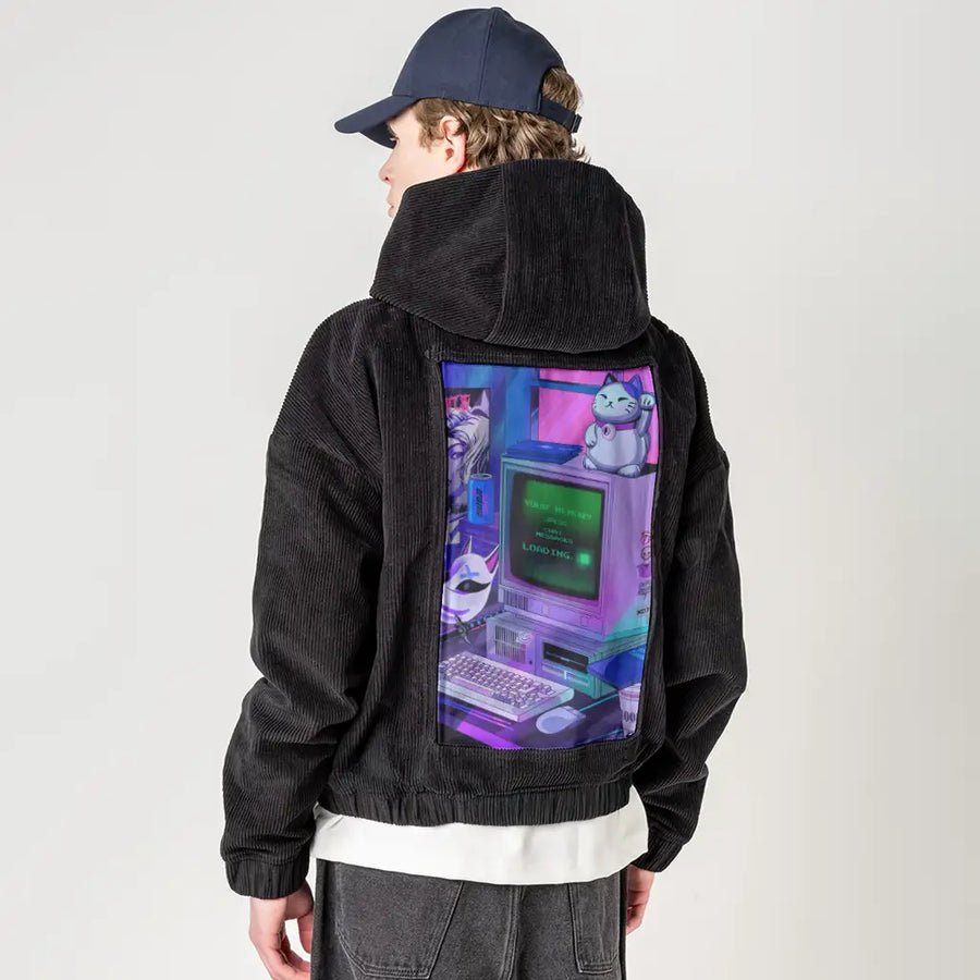 y2kdeadtech patch on male retro cord hoodie in onyx