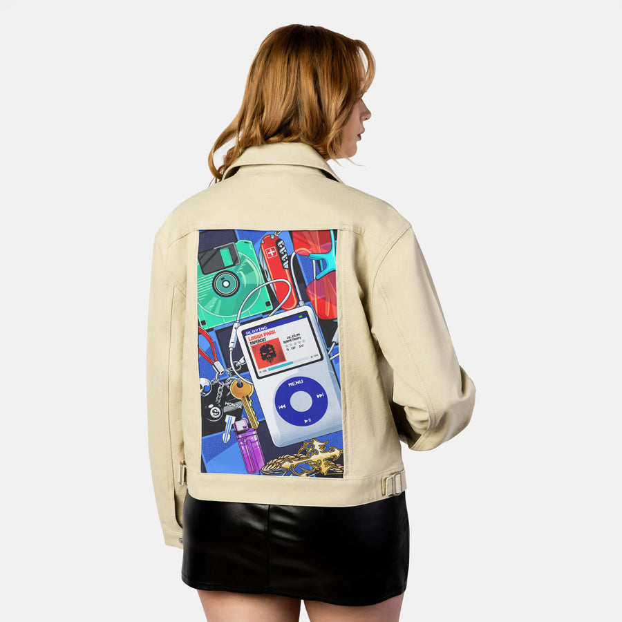 y2kmusic patch on female atelier canvas jacket in tan