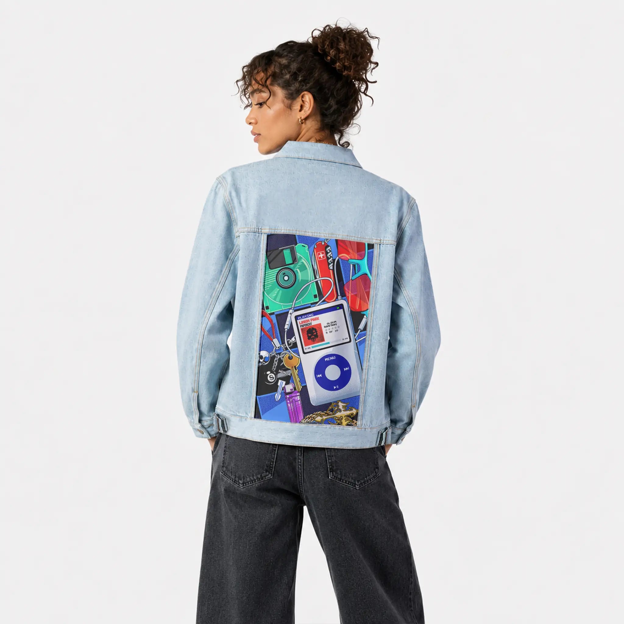y2kmusic patch on female og denim jacket in oceanside