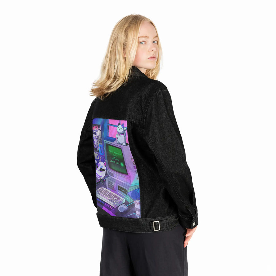 y2kmusic patch on female og denim jacket in raven