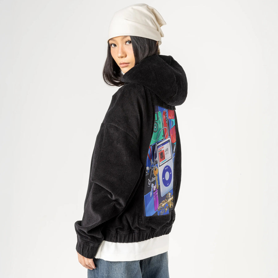 y2kmusic patch on female retro cord hoodie in onyx