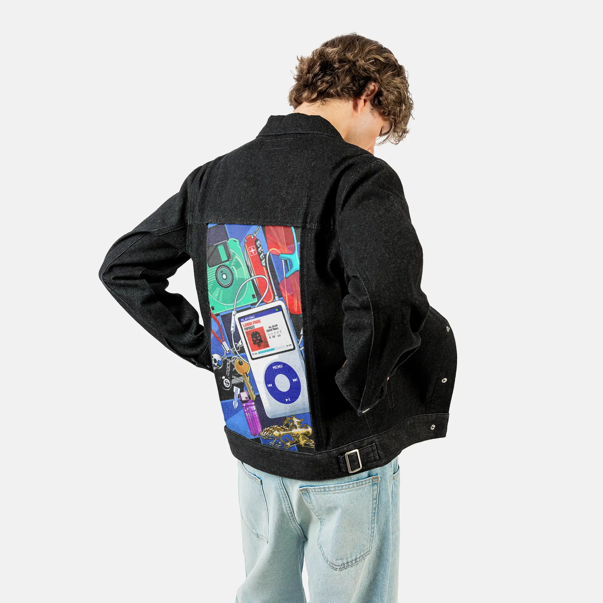 y2kmusic patch on male og denim jacket in raven