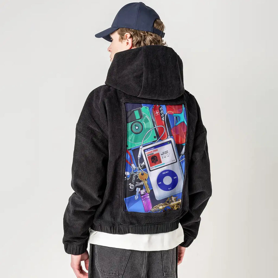 y2kmusic patch on male retro cord hoodie in onyx