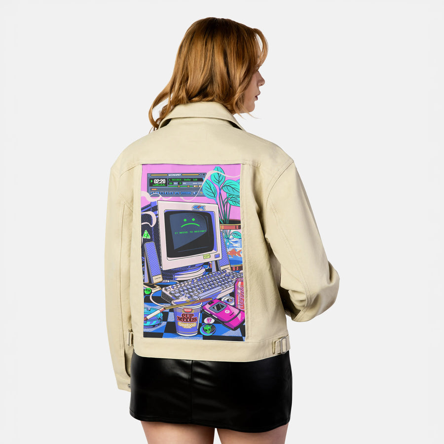 y2krestart patch on female atelier canvas jacket in tan