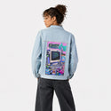 y2krestart patch on female og denim jacket in oceanside
