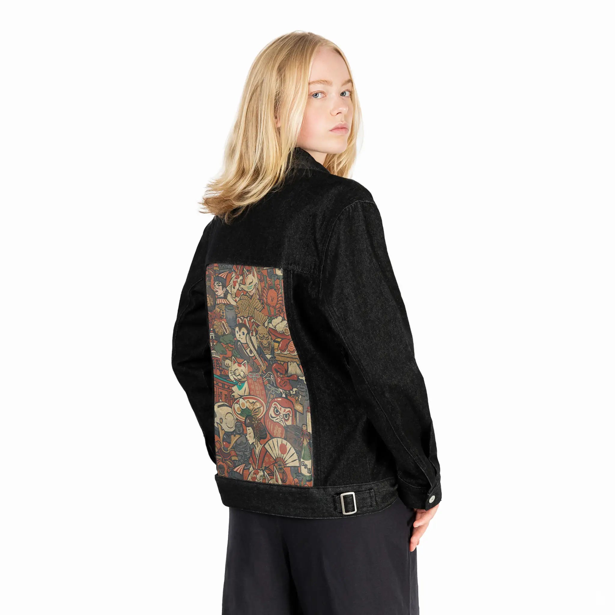 yamato patch on female og denim jacket in raven