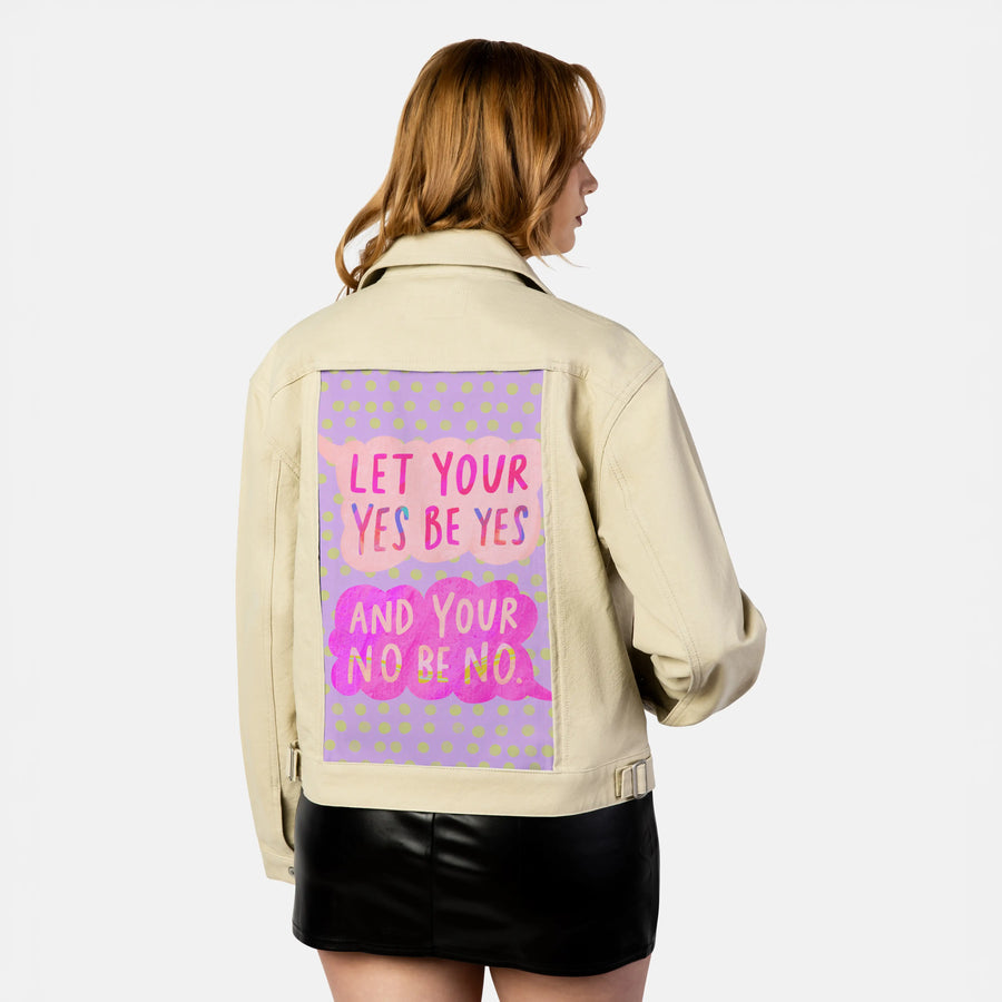 yesbeyes patch on female atelier canvas jacket in tan