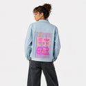 yesbeyes patch on female og denim jacket in oceanside
