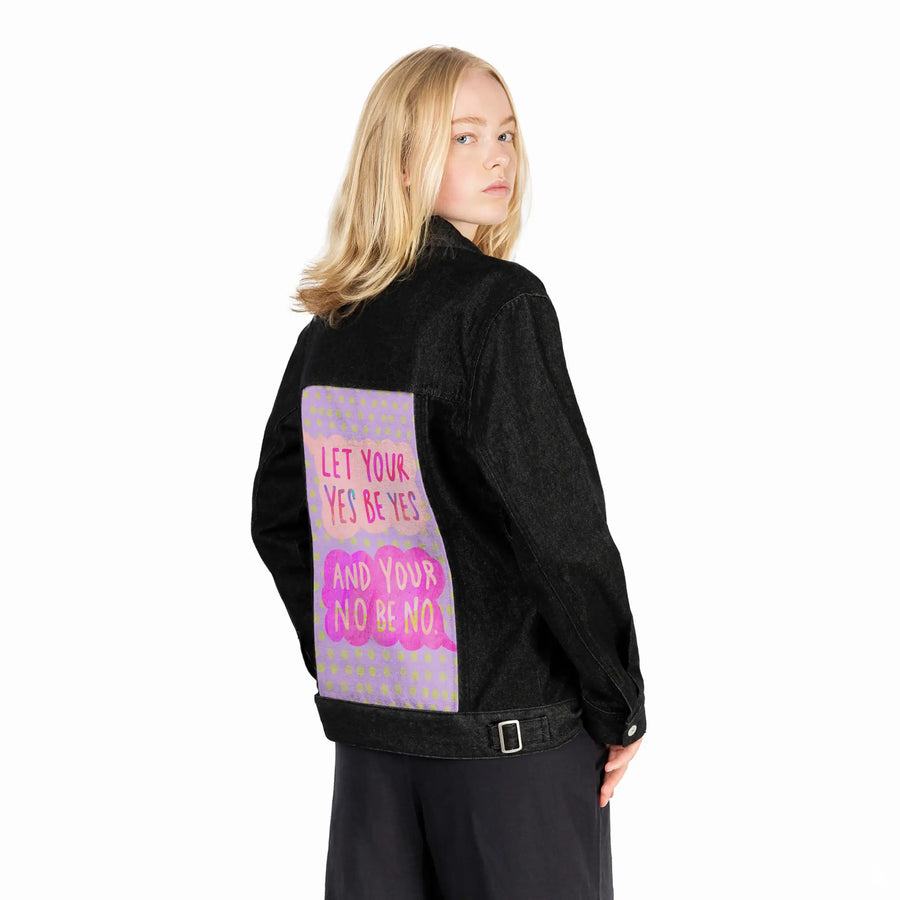 yesbeyes patch on female og denim jacket in raven