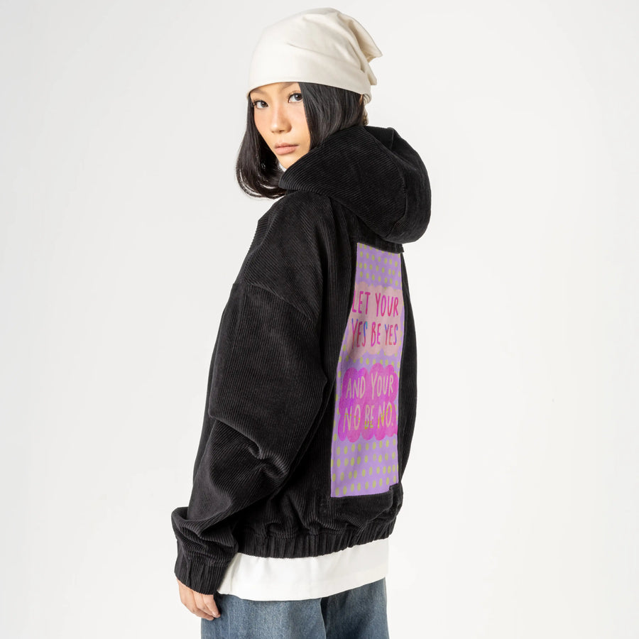 yesbeyes patch on female retro cord hoodie in onyx