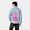 yesbeyes patch on male og denim jacket in oceanside