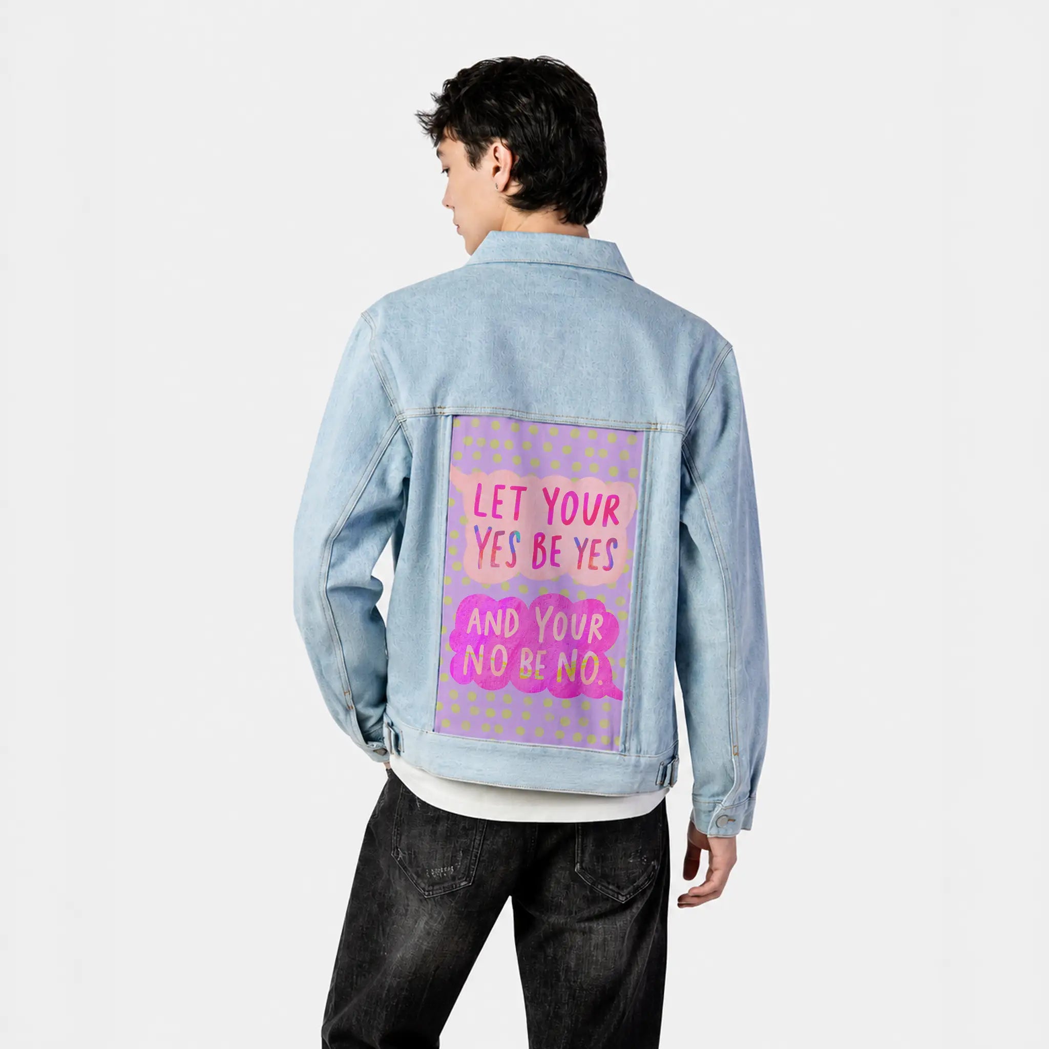 yesbeyes patch on male og denim jacket in oceanside
