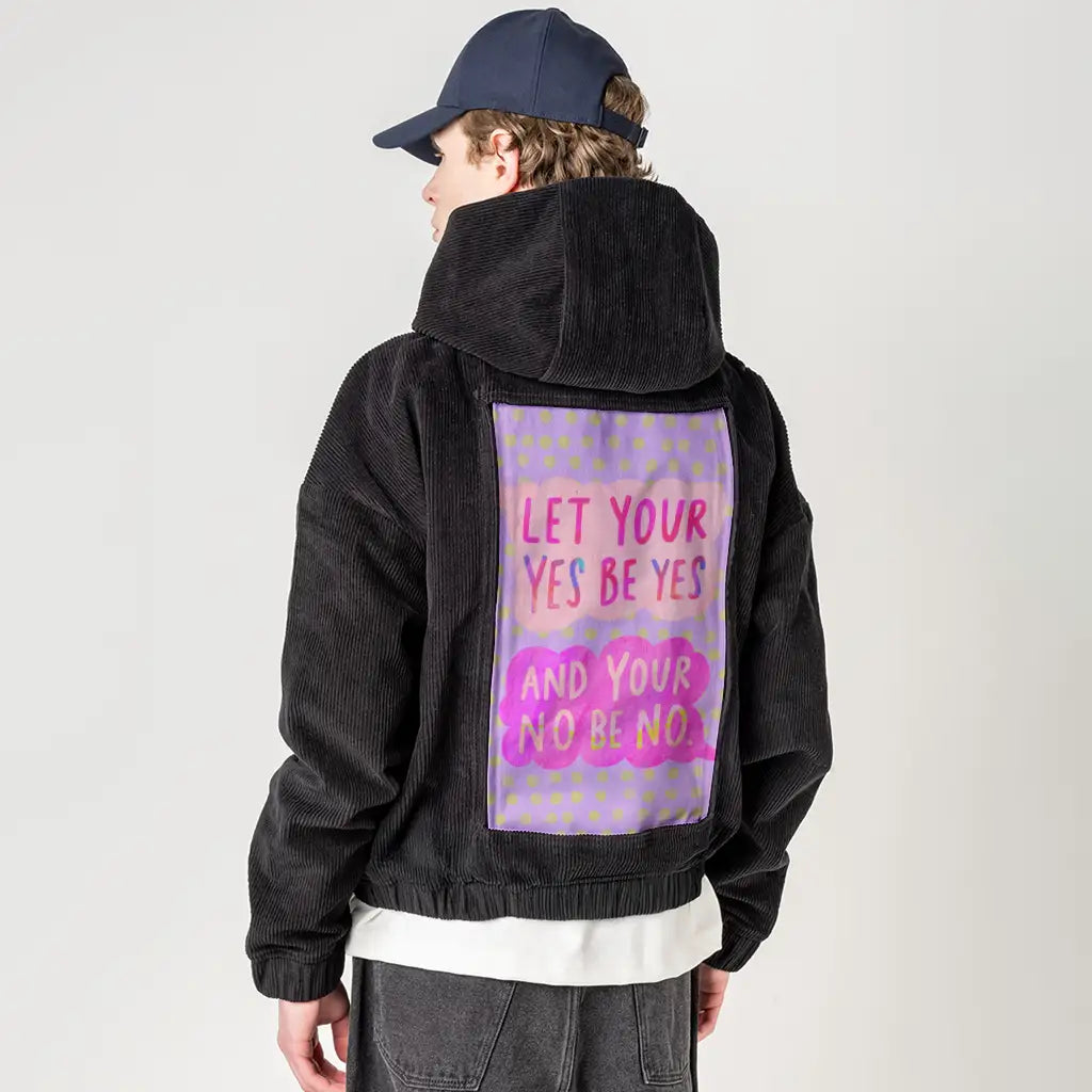 yesbeyes patch on male retro cord hoodie in onyx