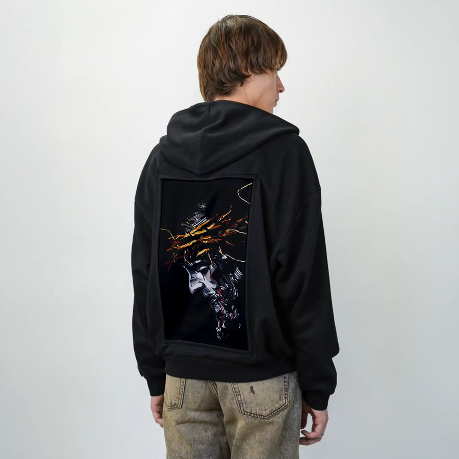 yeshua patch on male essential zip hoodie in after hours