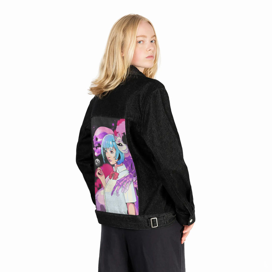 yokaiguardian patch on female og denim jacket in raven