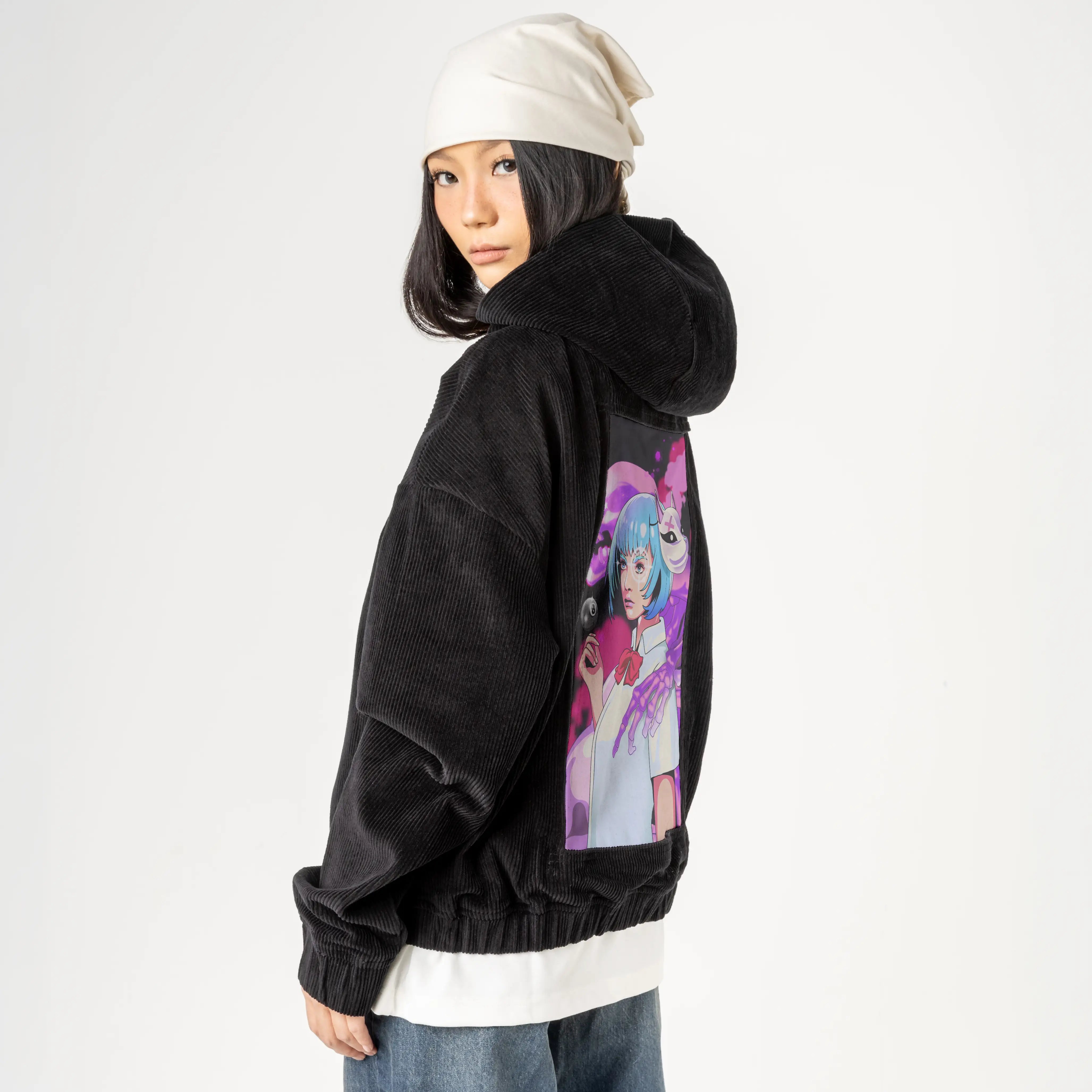 yokaiguardian patch on female retro cord hoodie in onyx