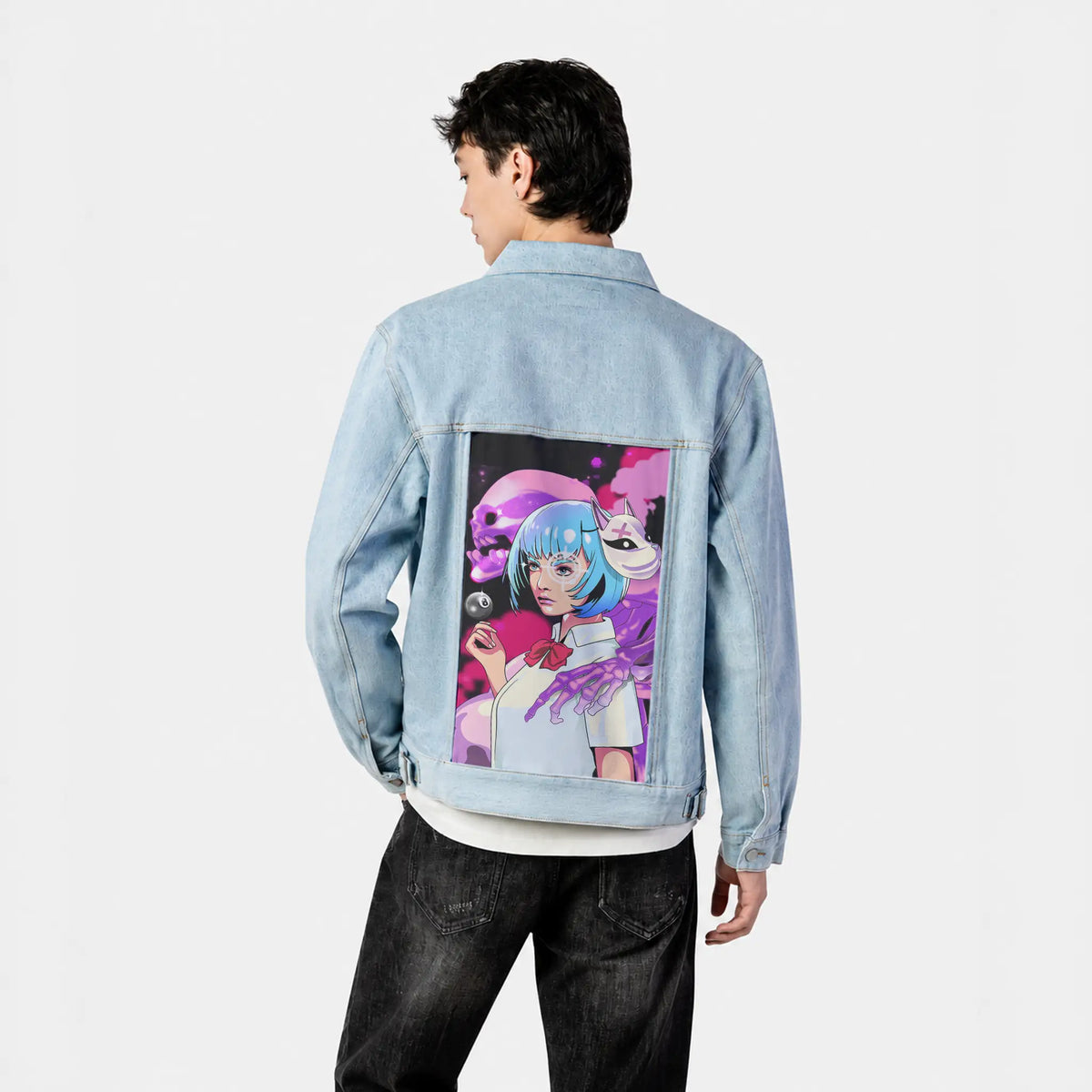 yokaiguardian patch on male og denim jacket in oceanside